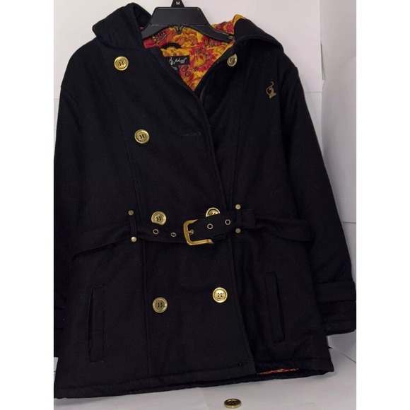 Baby Phat Girlz Medium Black Belted Peacoat Jacket Black &‎ Gold Y2K - Picture 1 of 9